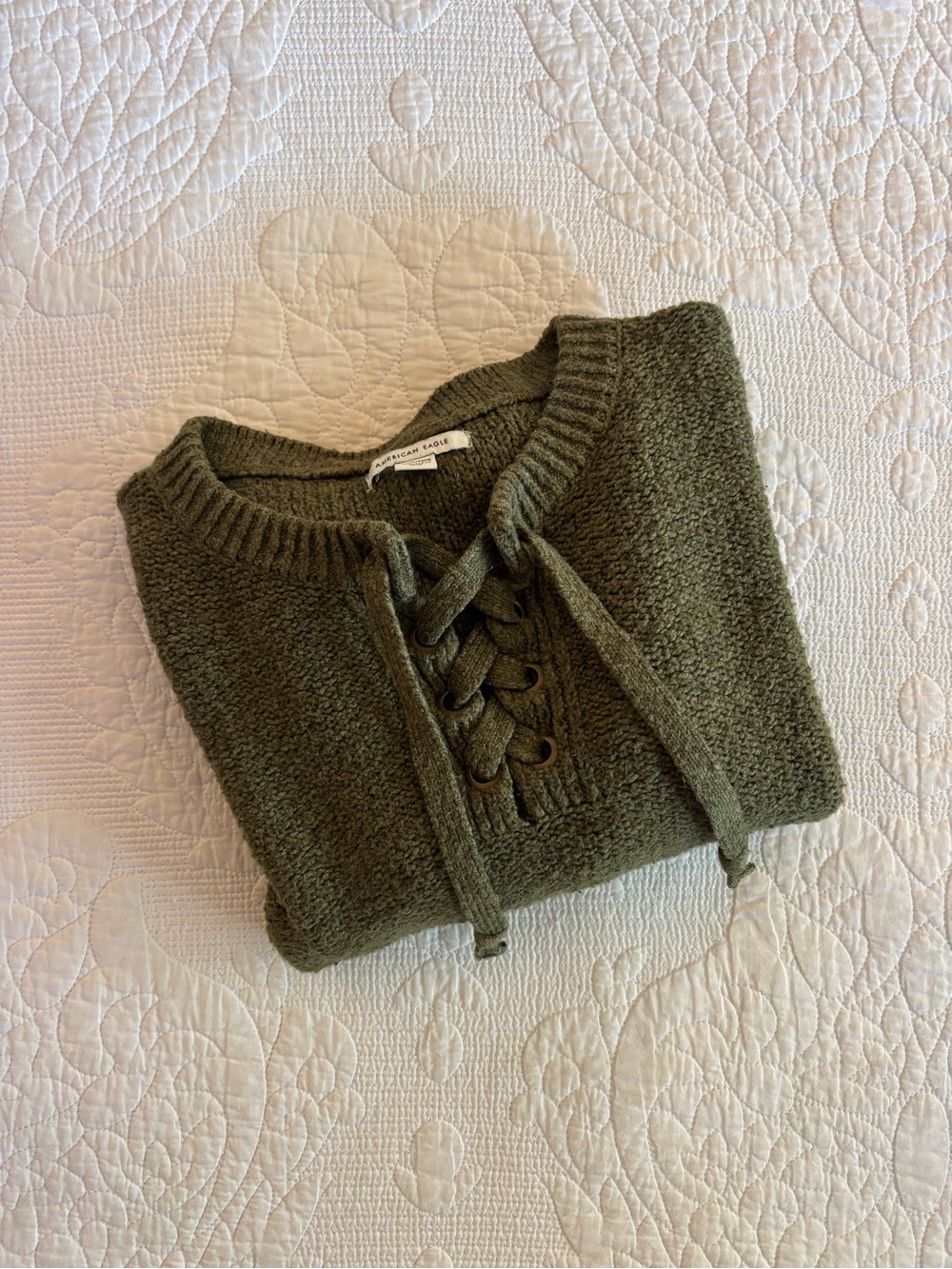 American Eagle Outfitters Olive Green Lace-Up Crewneck Sweater